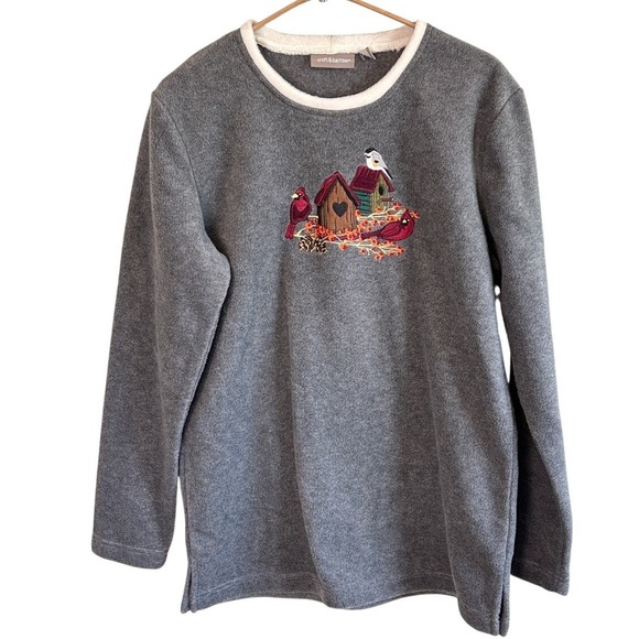 croft & barrow Tops - NEW Croft & Barrow Birds Cardinal Birdhouse Fleece Pullover Grey Embroidered